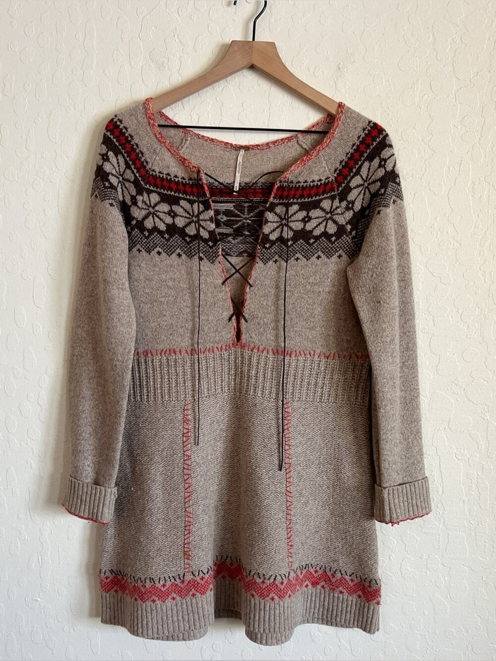 Free People Wool Fair Isle Nordic Lace Up Long Sleeve Knit Sweater Dress Medium